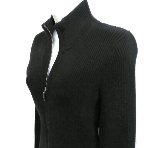Eddie Bauer Sweater Mock Full Zip Pima Cotton Blend Ribbed Black Silvertone Pull - Picture 5 of 7